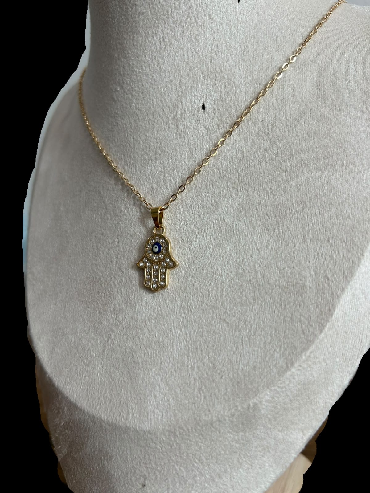 Collar pequeño, mano y ojo azul marino.oro