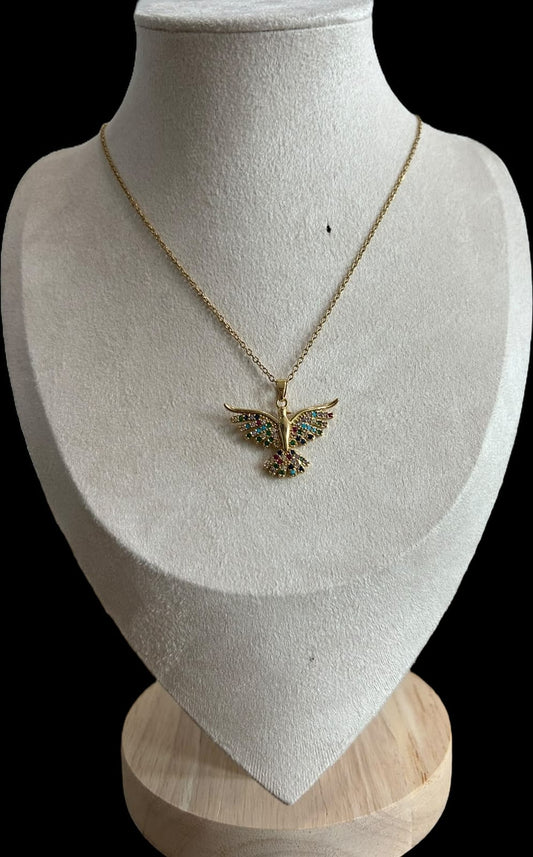 Collar colibrí con piedras de colores, cola abierta.oro