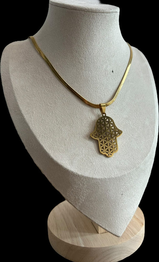 Collar mano de fátima y flor de la vida.oro