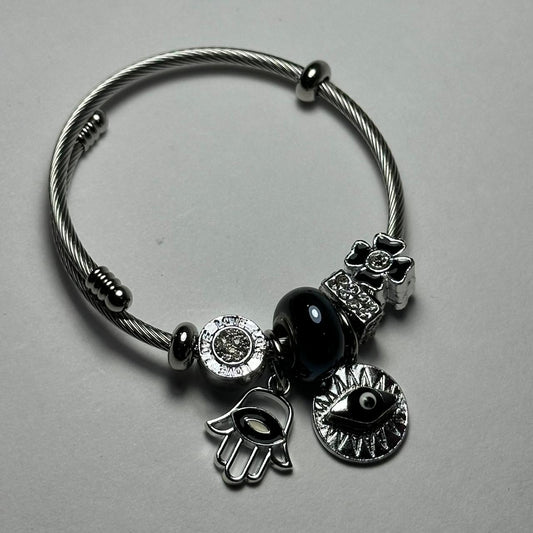 Pulsera abierta varios diges negro.plata