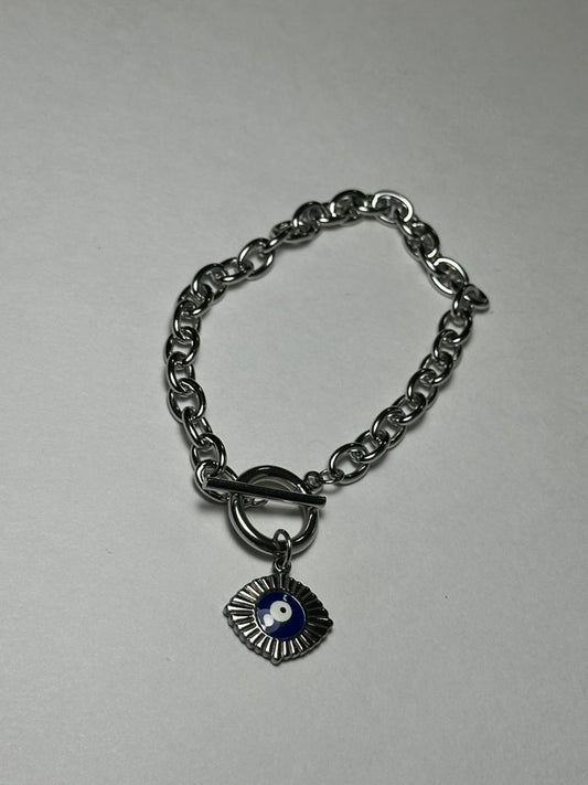 Pulsera eslabón grueso ojo azul marino.plata